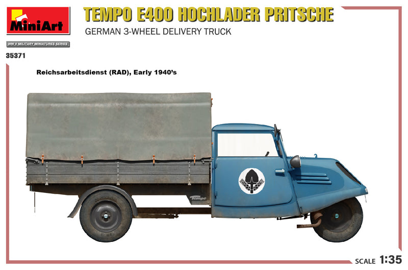MiniArt 1/35 Tempo E400 Hochlader Pritsche. German 3-Wheel Delivery Truck