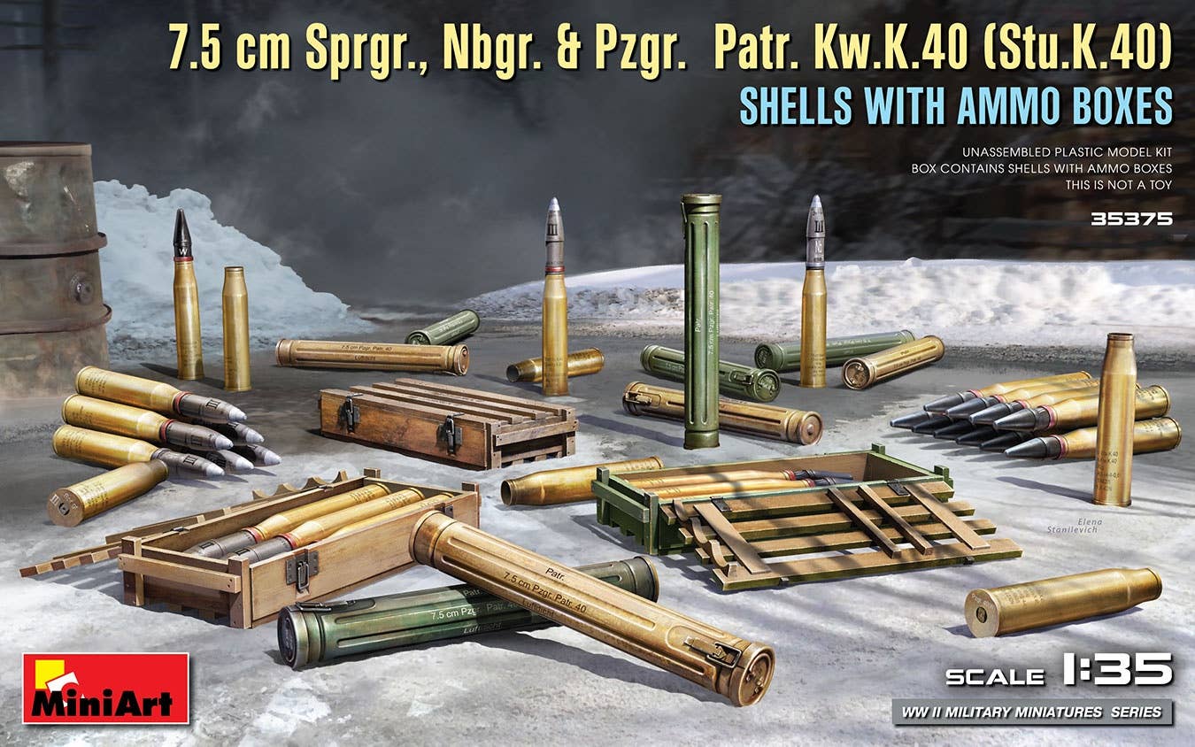 MiniArt 1/35 7.5 cm Sprgr., Nbgr. & Pzgr. Patr. Kw.K.40 (Stu.K.40) Shells with Ammo Boxes | 4820183314253