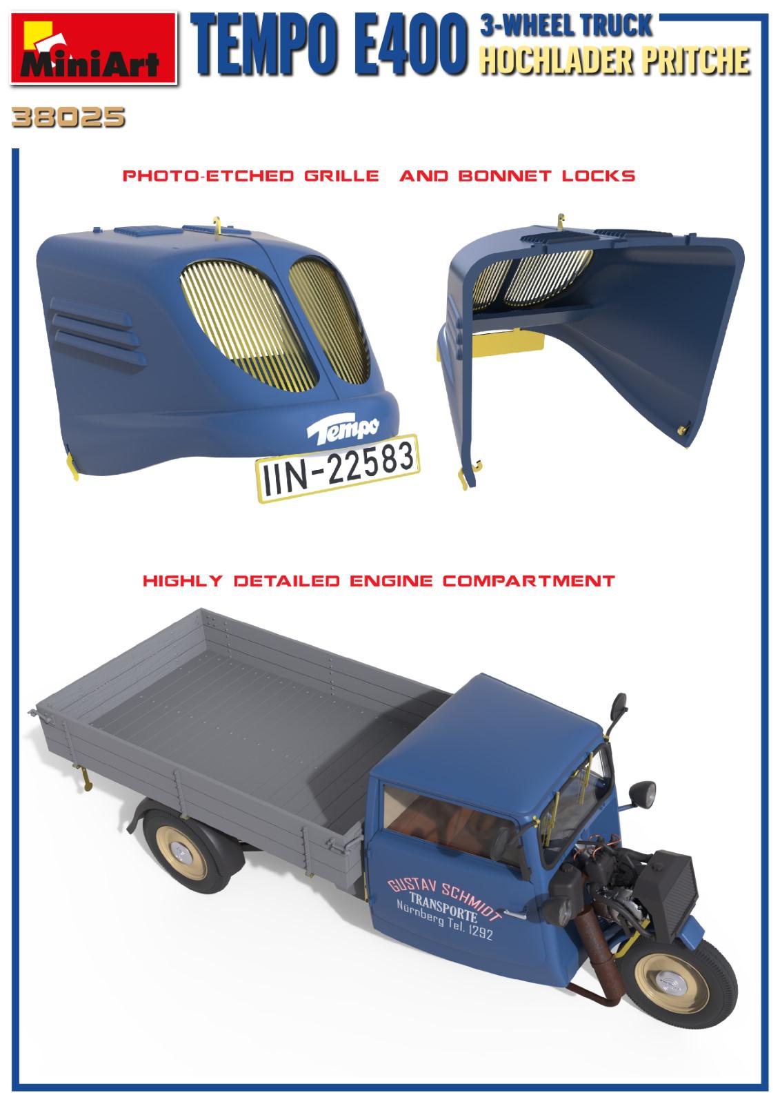 Miniart 1/35 Tempo E400 Hochlader Pritsche 3-Wheel Truck | 4820183314475