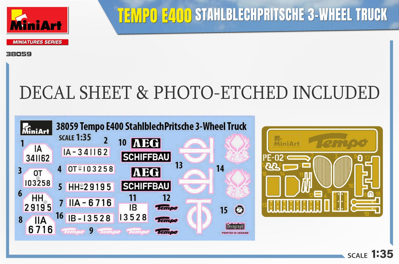 Miniart 1/35 Tempo E400 StahlblechPritsche 3-Wheel Truck | 5905090346388