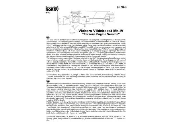 Special Hobby 1/72 Vickers Vildebeest Mk.IV Perseus Engine Vers | 8594071083724
