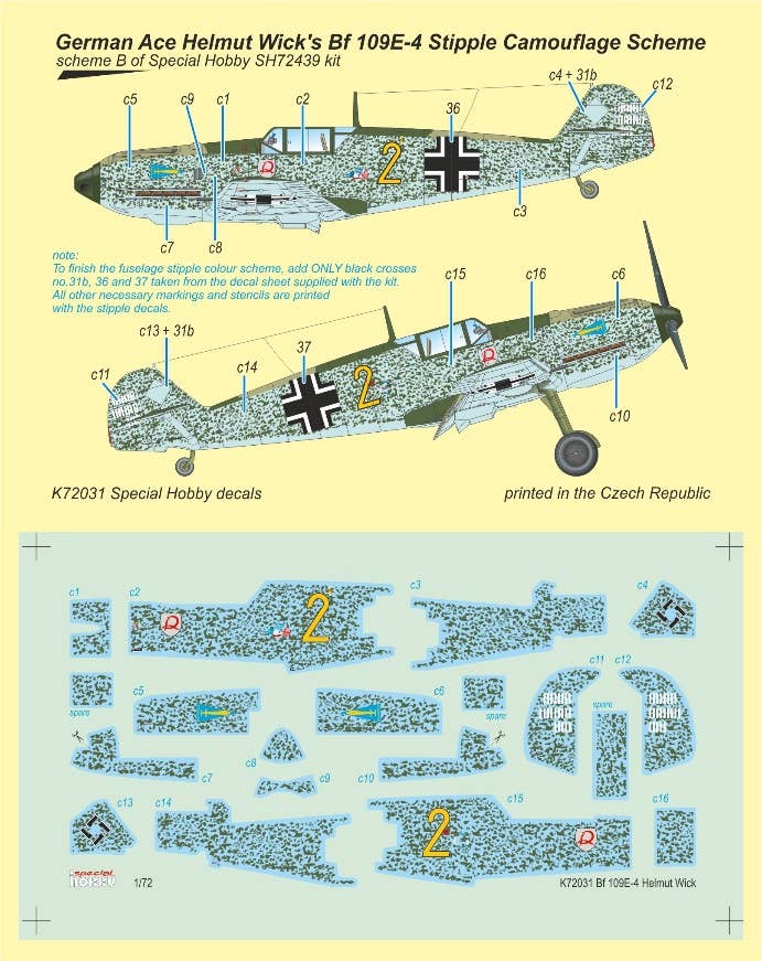 Special Hobby 1/72 Bf 109E-4 German Ace H. Wick Decal Motley Camo | 8594071087883