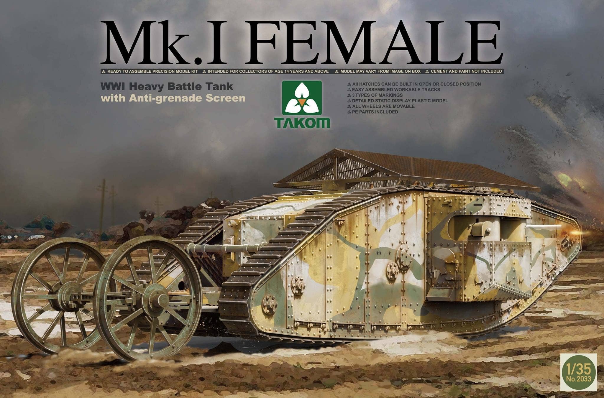 Takom 1/35  #2033 WWI Heavy Battle Tank Mk.I Female With Anti-Grenade Screen | 4897051420408
