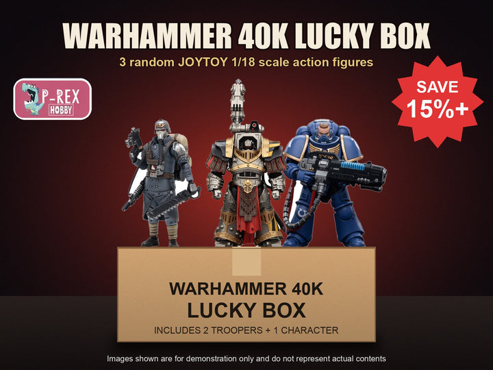 Warhammer 40K Lucky Box - three random JOYTOY 1/18 scale action figures, two Troopers and one Character