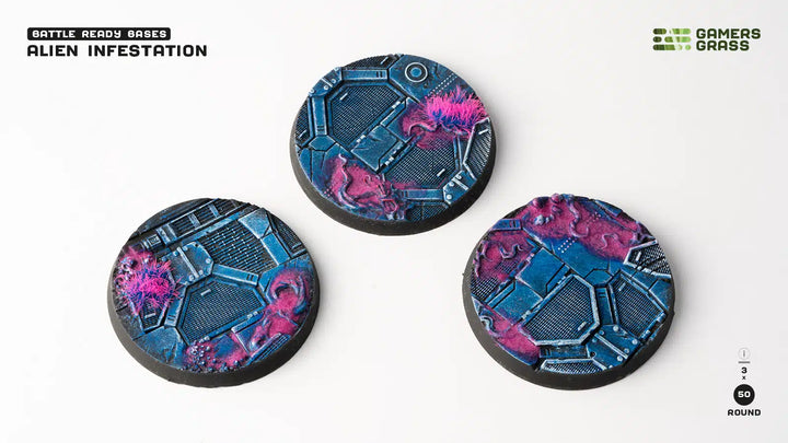 Gamers Grass Battle Ready Bases - Alien Infestation - Round 50mm (x3) | 738956790354