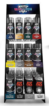 AK Interactive Spray Wargame Full Retail Display Rack ((9 Wargame colors 400 ml x 4) + (3 Primers 200 ml x 4 units)) | 8435568328471