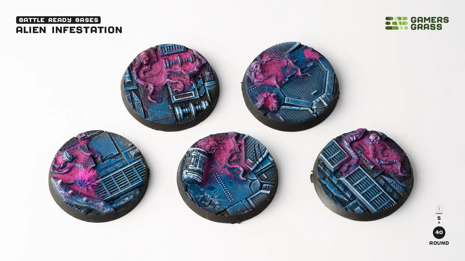 Gamers Grass Battle Ready Bases - Alien Infestation - Round 40mm (x5) | 738956790347