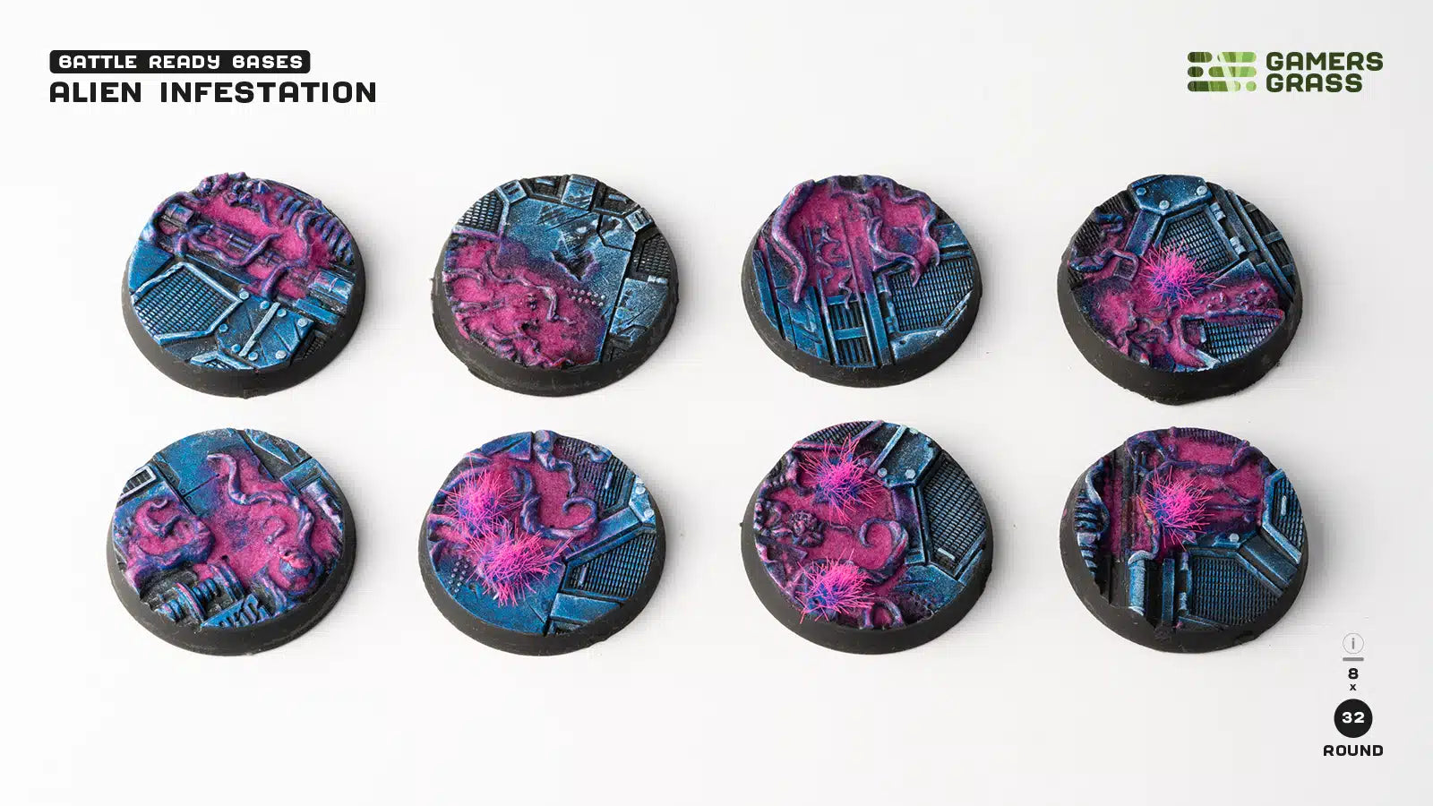 Gamers Grass Battle Ready Bases - Alien Infestation - Round 32mm (x8) | 738956790330