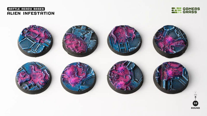 Gamers Grass Battle Ready Bases - Alien Infestation - Round 32mm (x8) | 738956790330