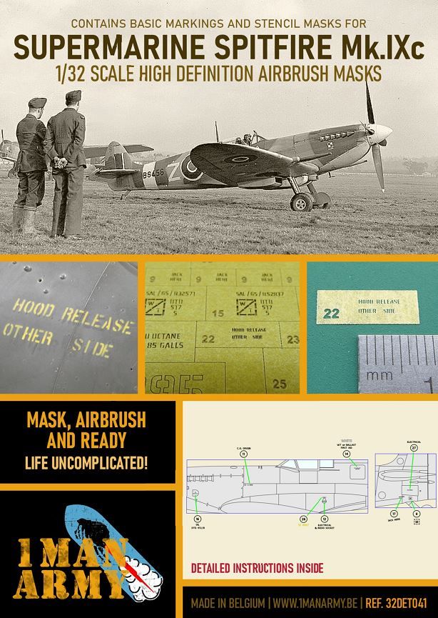 1ManArmy 1/32 Supermarine Spitfire Mk.IXc Airbrush Paint Mask | 714639355232