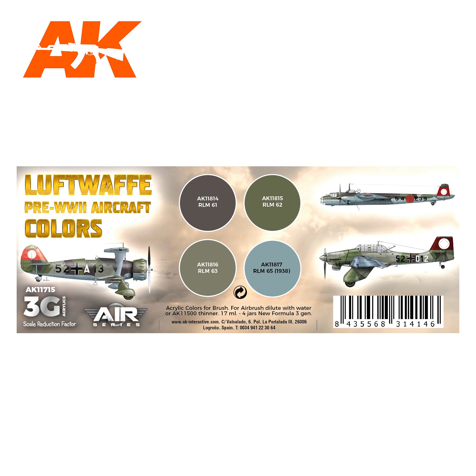 AK Interactive 3G Air - Luftwaffe Pre-WWII Aircraft Colors SET | 8435568314146