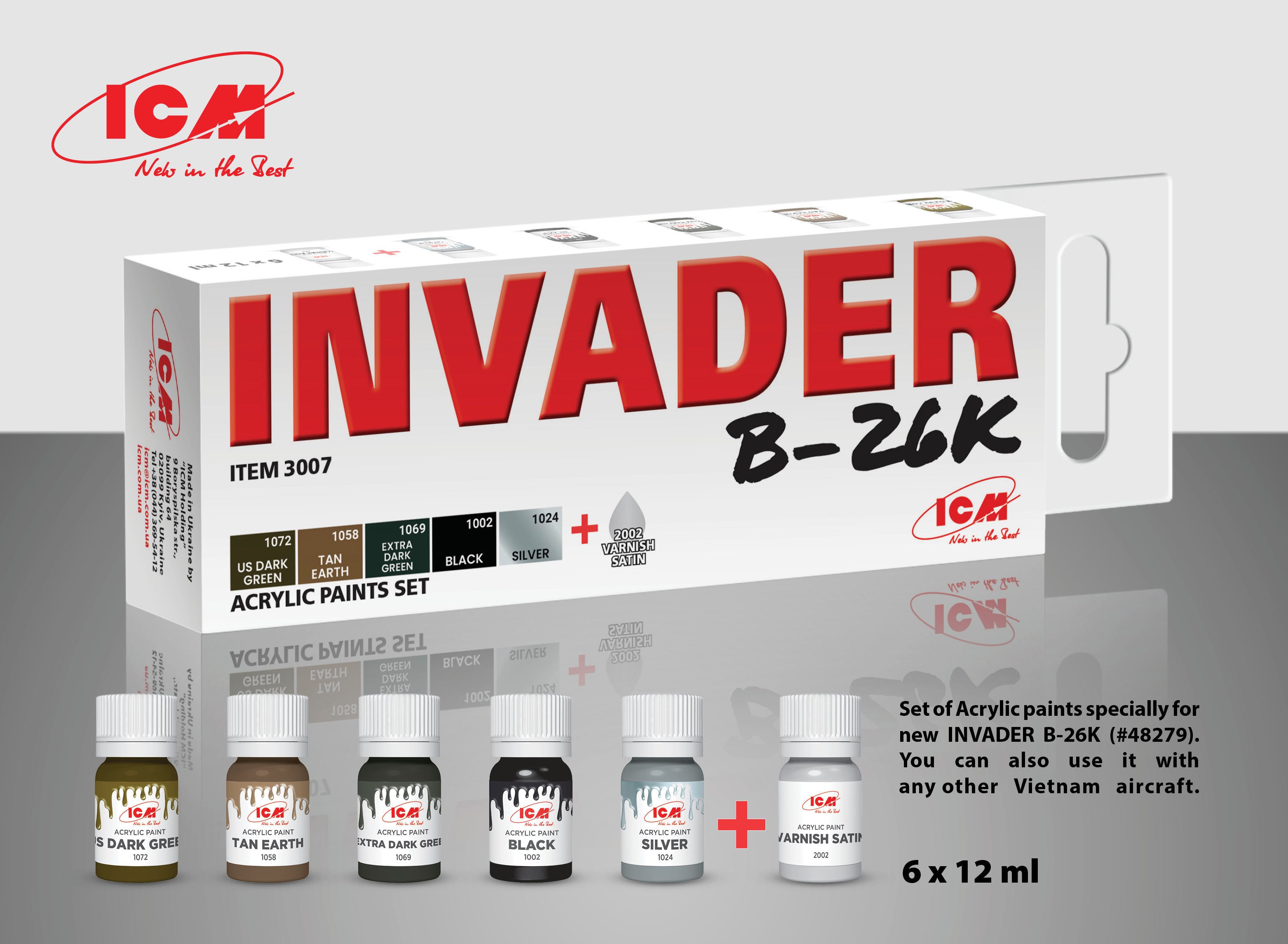 ICM Set of 6 Acrylic paint set for Invader B-26K (and other Vietnam aircraft) | 4823044408382