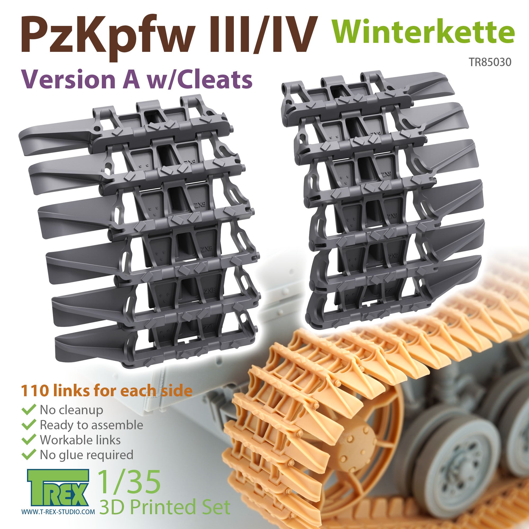 T-Rex Studio 1/35 PzKpfw III/IV Tracks Winterkette Version A with Cleats | 6973984751326