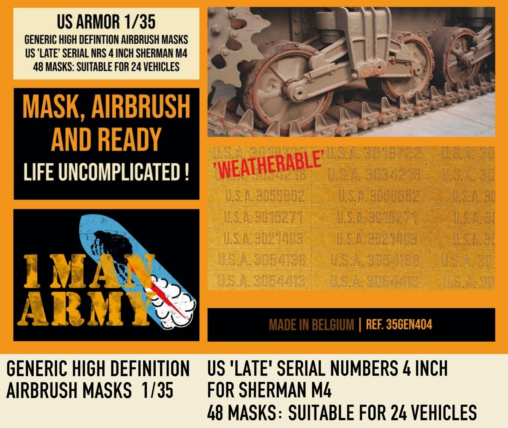 1ManArmy 1/35 US Late Serial Numbers 4 Inch for Sherman M4 Airbrush Paint Masks | 714639355034