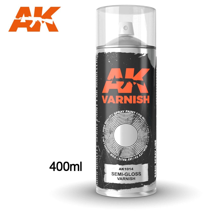 AK Interactive Semi-Gloss varnish - Spray 400ml (Includes 2 nozzles) | 8436564926371