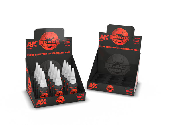 AK Interactive Black Widow Cyanoacrylate Glue (12 Units) + Display Unit