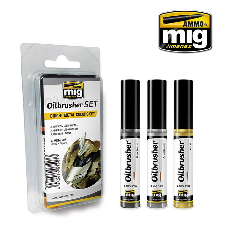 Ammo Mig Oilbrusher Bright Metal Color Set | 8432074075073