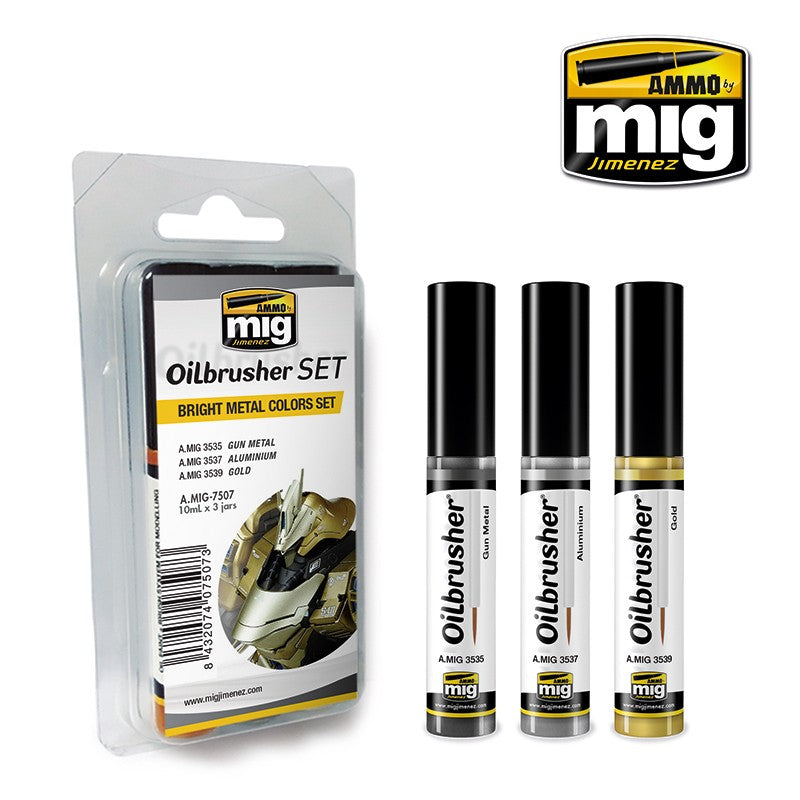 Ammo Mig Oilbrusher Bright Metal Color Set | 8432074075073