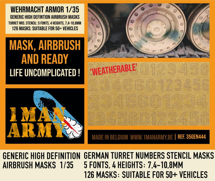 1ManArmy 1/35 German Turret Numbers Stencil 7,4 to 10,8 Airbrush Paint Masks | 714639355126