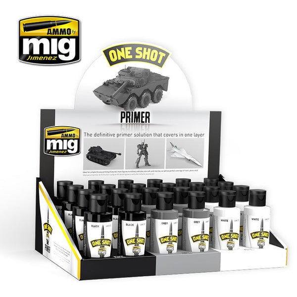 Ammo Mig One Shot Primer Full Rack 1 (8 each, Black, White & Grey), Total 24 Units