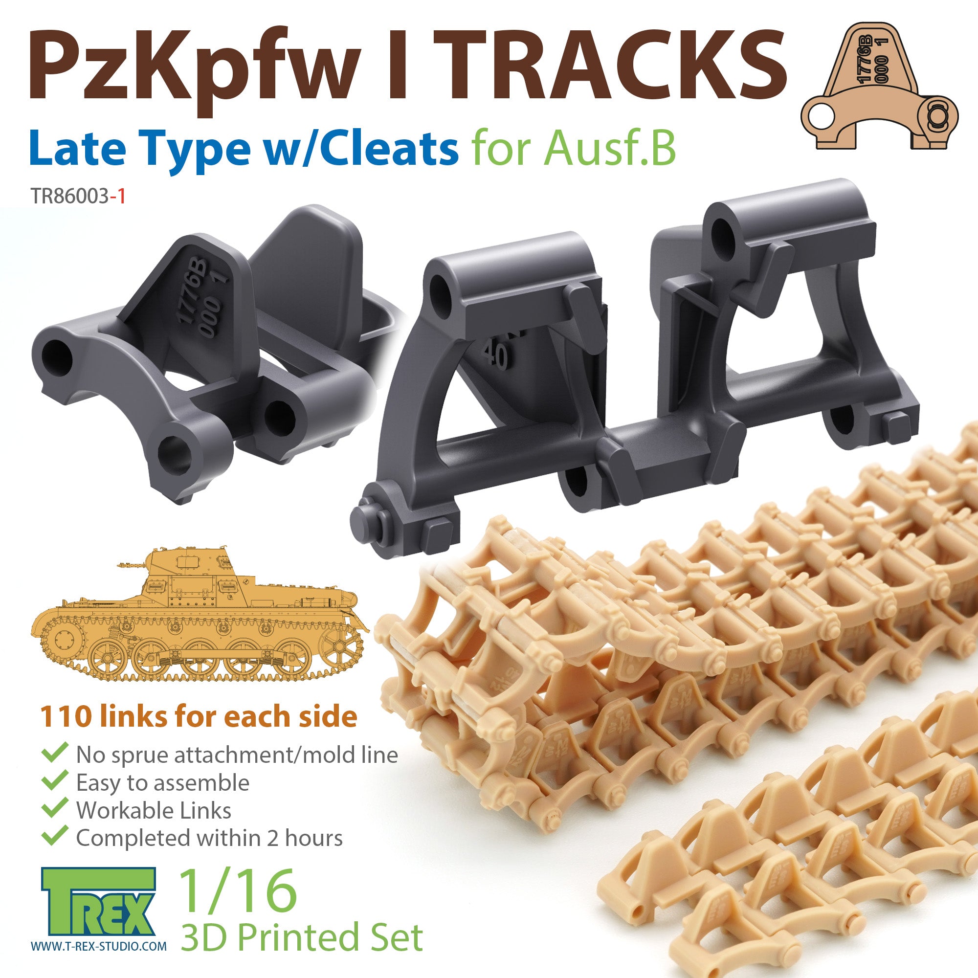 T-Rex Studio 1/16 PzKpfw I Tracks Late Type with Cleats for Ausf.B | 6973984750098