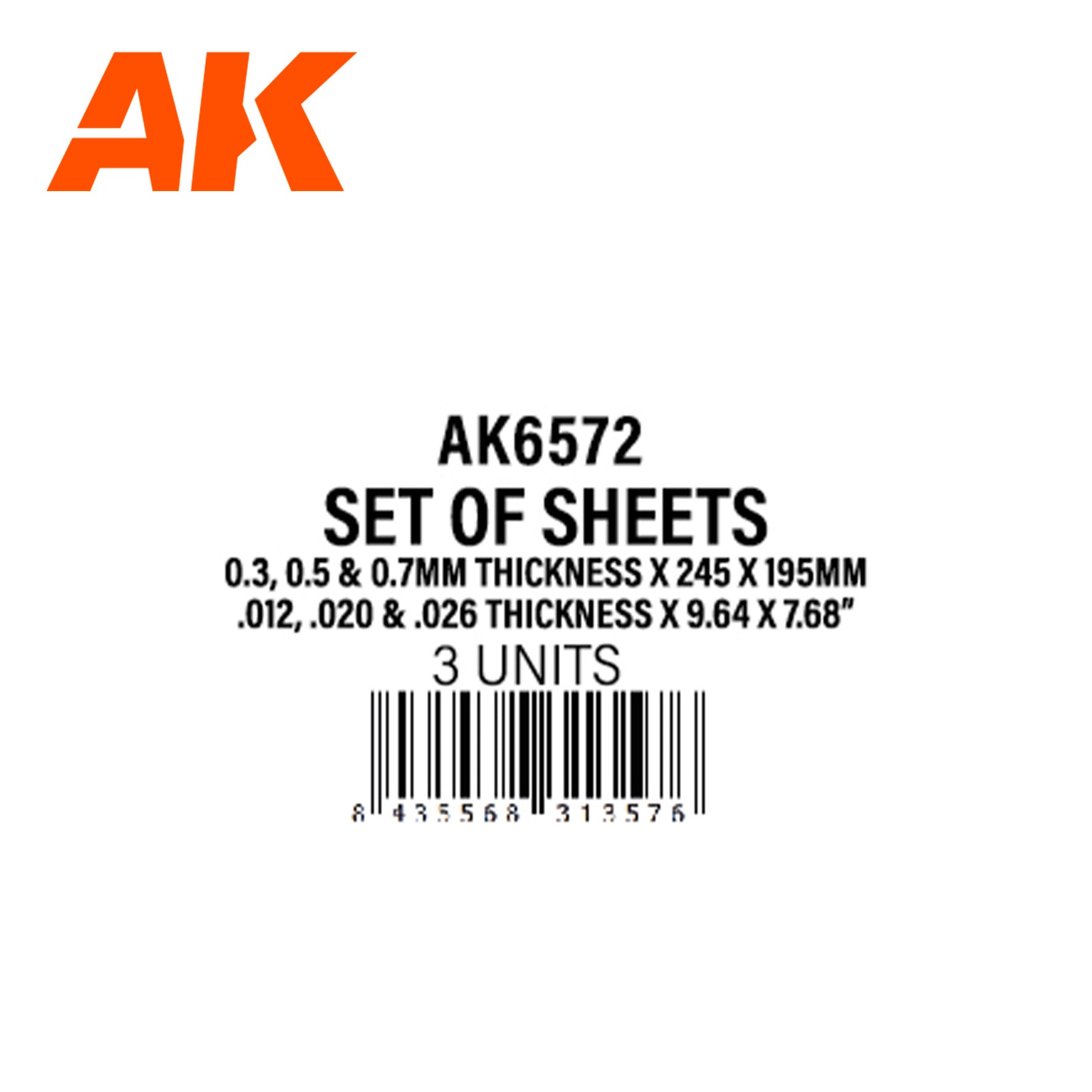 AK Interactive Styrene Sheets Set - 0.3, 0.5 & 0.7 mm 245 x 195mm | 8435568313576
