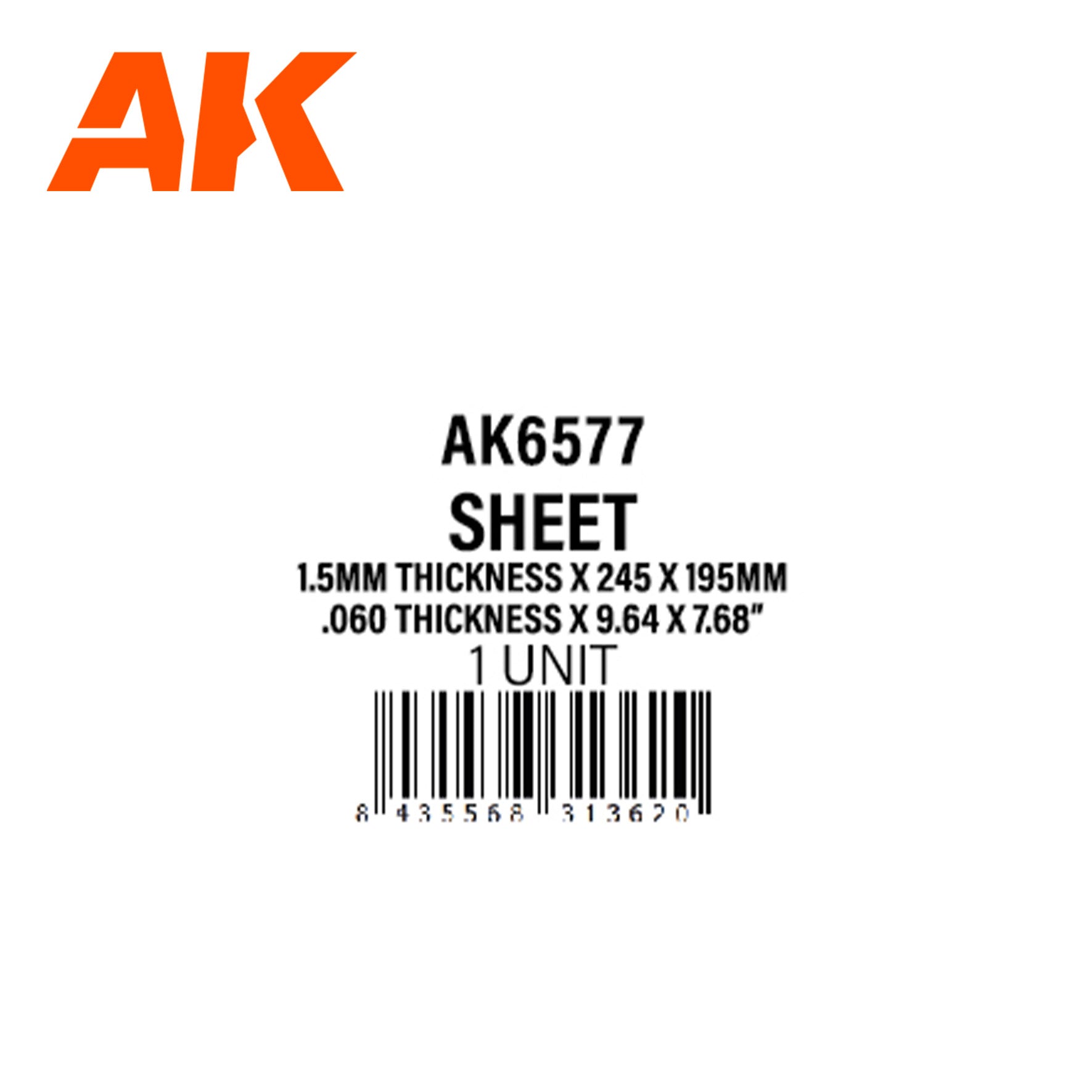 AK Interactive Styrene Sheet - 1.5mm Thickness x 245 x 195mm x 1 Unit | 8435568313620