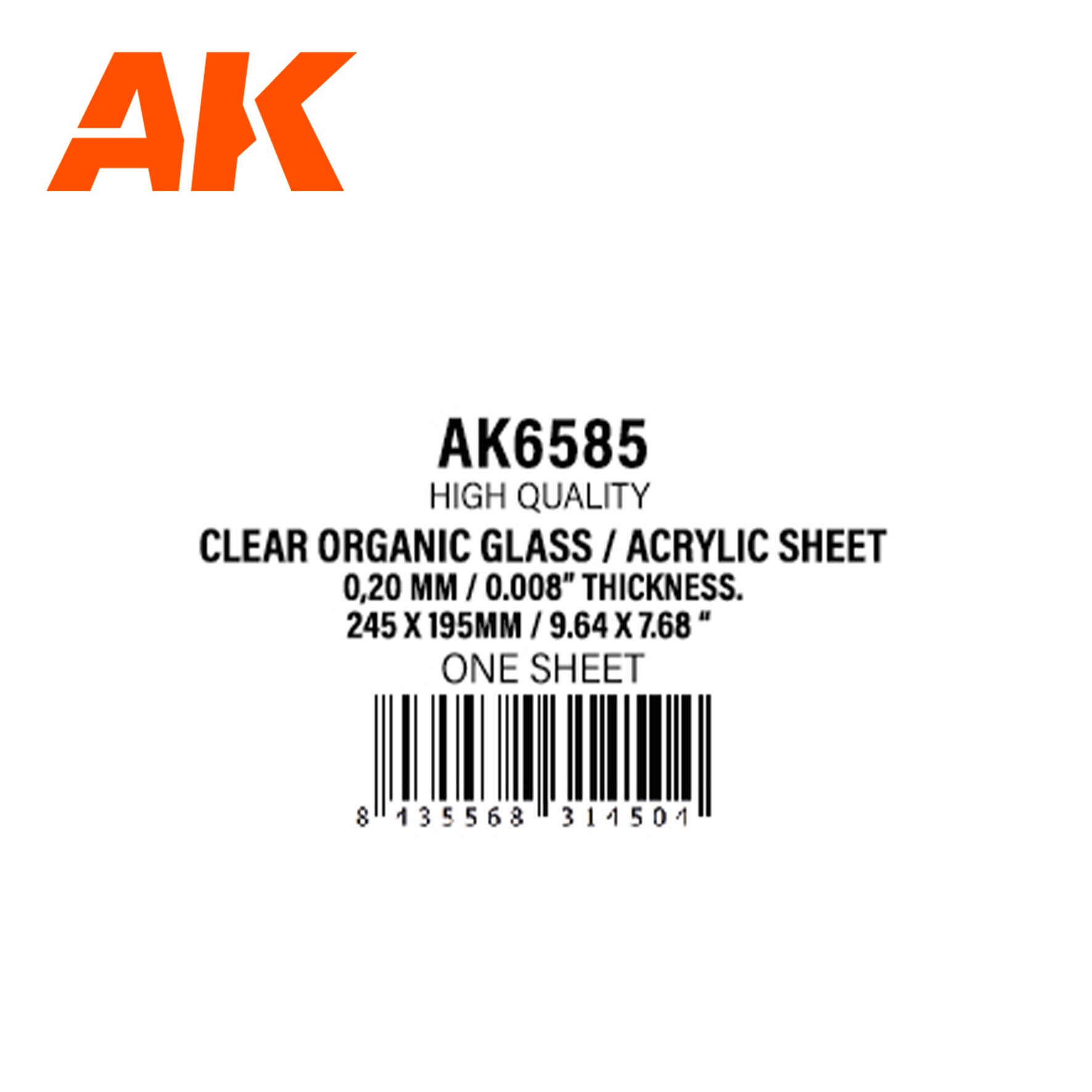 AK Interactive Clear Organic Glass Acrylic Sheet - 0.20mm Thickness x 245 x 195mm x 1 Unit | 8435568314504