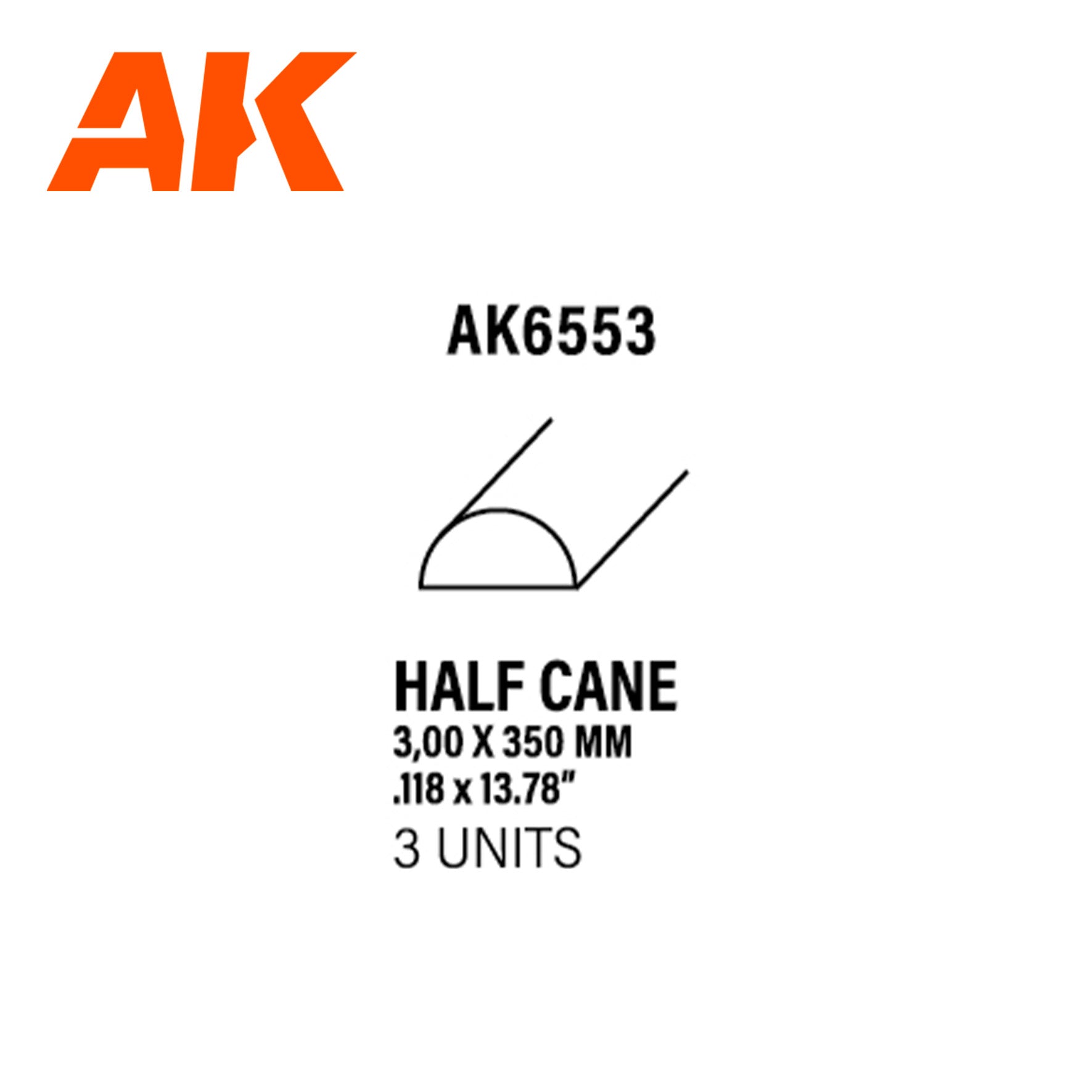 AK Interactive Styrene Half Cane - 3.00 x 350mm x 3 Units | 8435568313477