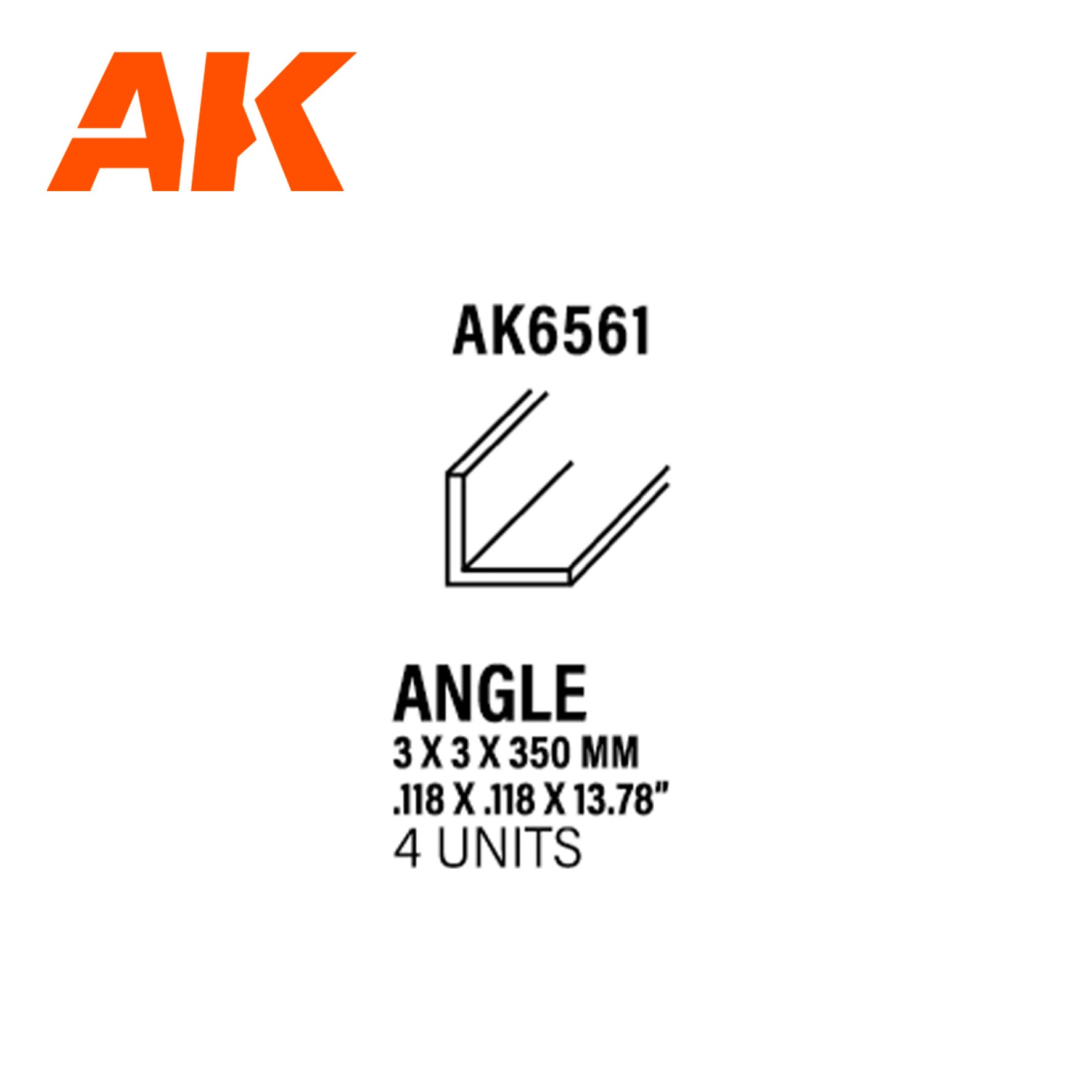 AK Interactive Styrene Angle - 3.0 x 3.0 x 350mm x 4 Units | 8435568313552