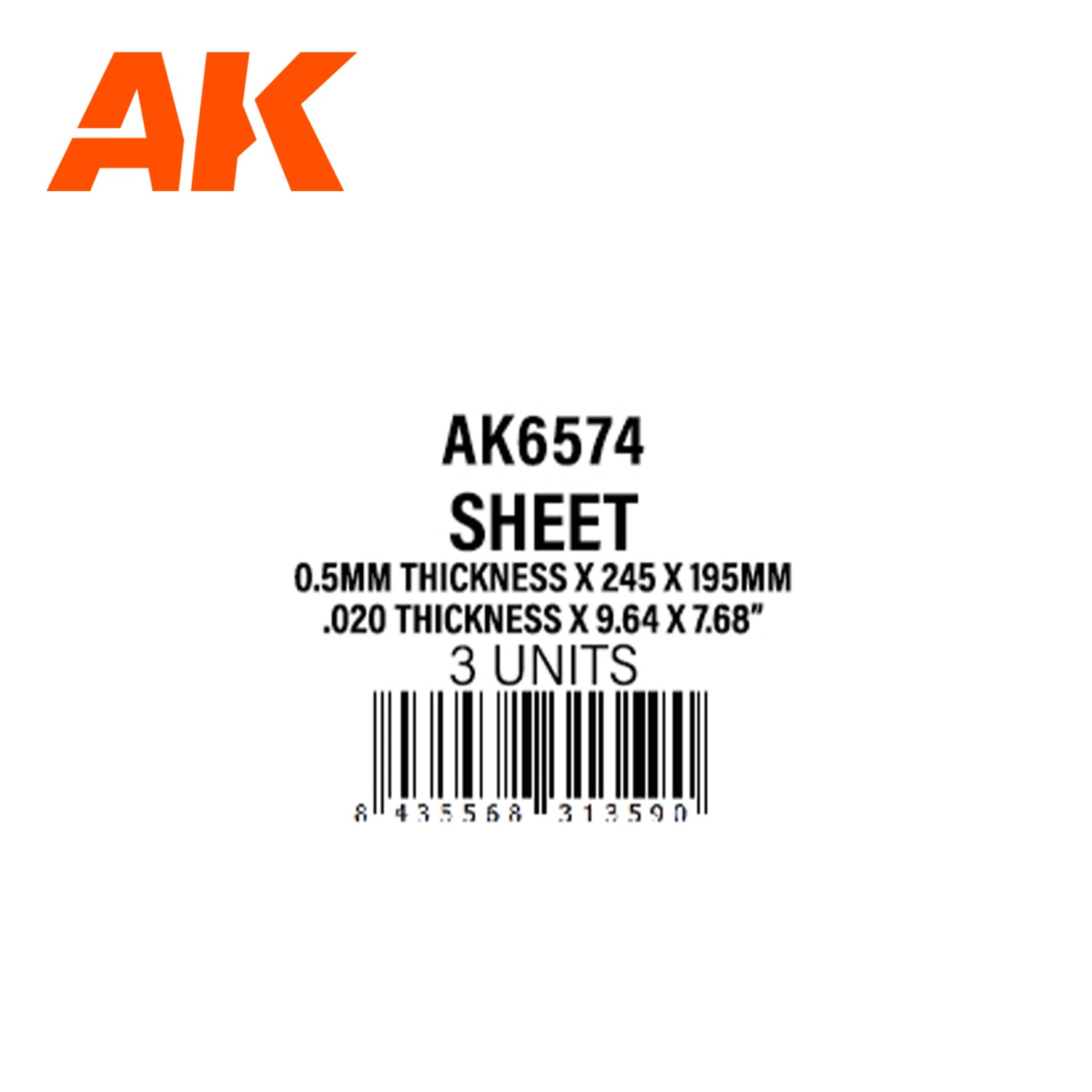 AK Interactive Styrene Sheet - 0.5mm Thickness x 245 x 195mm x 3 Units | 8435568313590